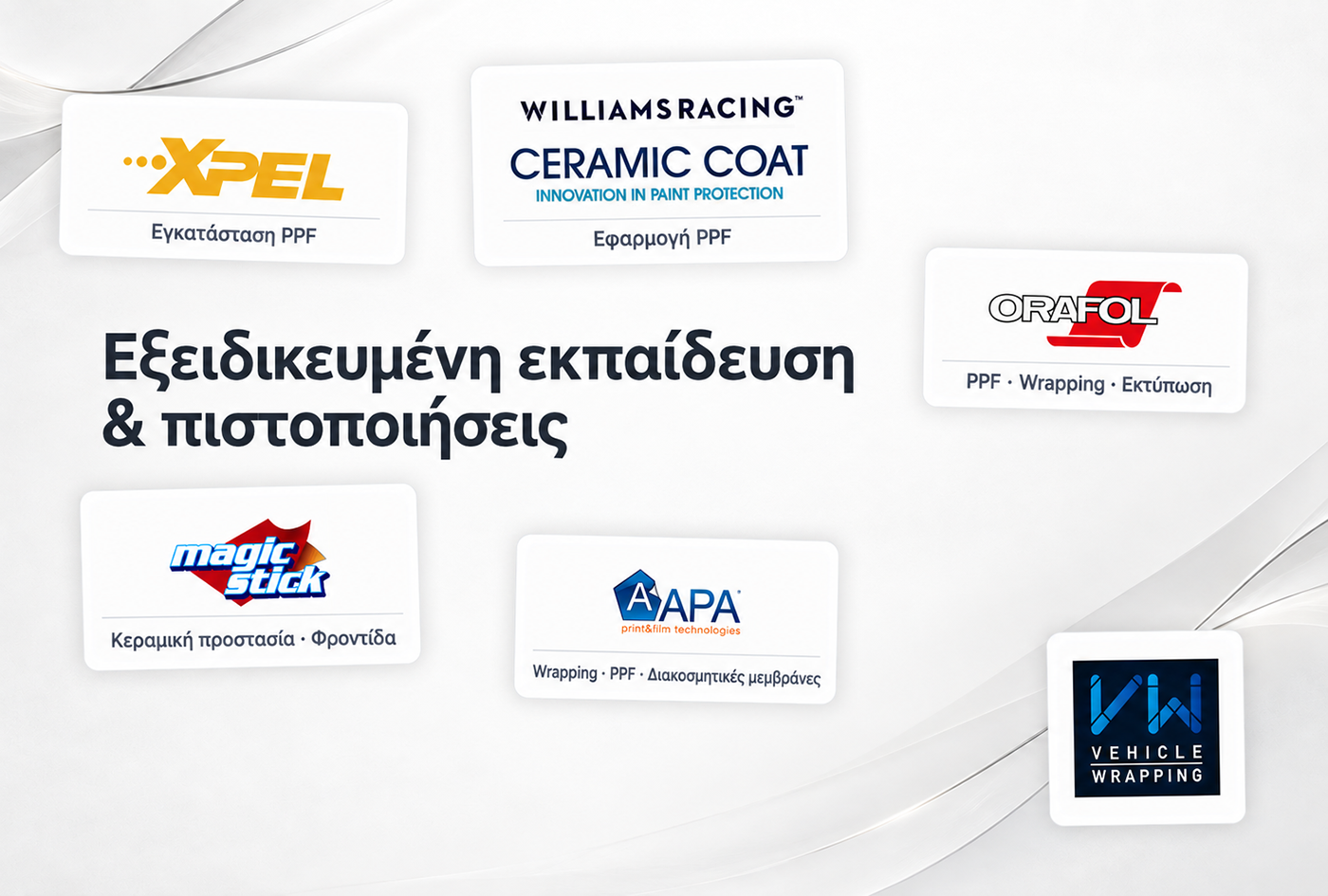 Κολάζ με τα λογότυπα VehicleWrapping, XPEL, Williams Racing, ORAFOL, APA Films και Magic Stick Ceramics.